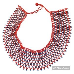 Red Black Blue Beaded Collar Necklace